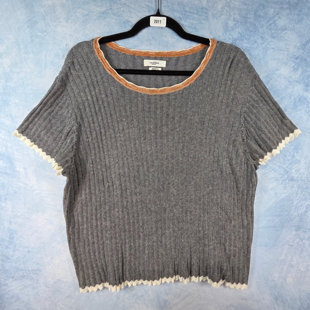 Isabel Marant Etoile Womens 42 Herringbone Knit Scalloped Cotton Top Grey Orange